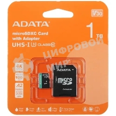 Флеш карта ADATA AUSDX1TUI3V30SA2-RA1, 1Tb microSDXC Class 10 UHS-I U3 V30S A2 100/80 MB/s (SD адаптер)