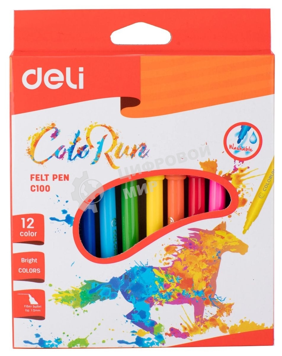 Фломастеры Deli EC10000 ColoRun, вентилируемый колпачок, 12 цветов, коробка с европодвесом