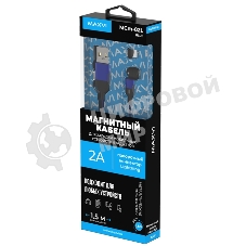 Кабель Maxvi MCm-02L blue, USB-A - Lightning, 2A, магнитный разъем, LED ток макс. нагрузки 2А, макс. напряжение 5V; стандарт USB 2.0; длина 1.5м, нейлоновая оплетка, съемный магнитный коннектор, LED подсветка, синий