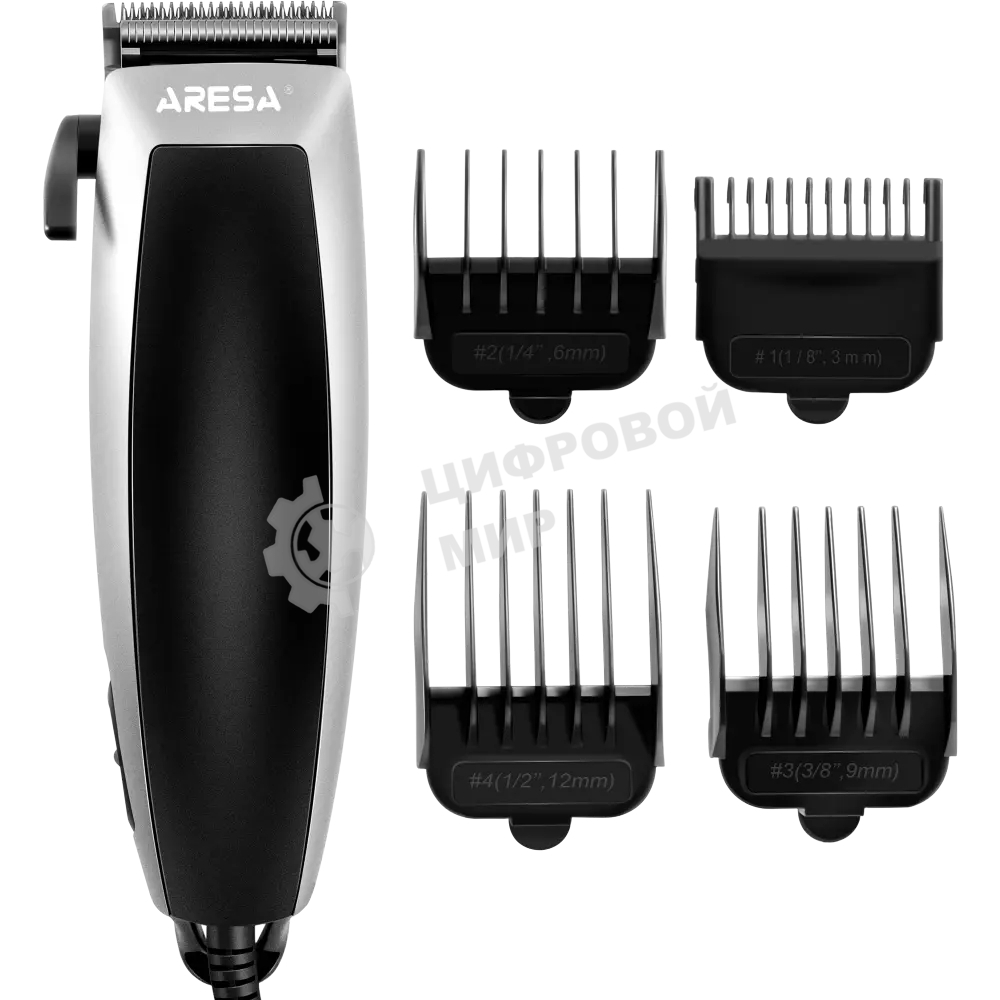 Машинка для стрижки ARESA AR-1803(Мощность 8 Вт. Регулируемая длина лезвия. 4 сменные насадки: 3, 6, 9 и 12 мм. Аксессуары: щеточка для чистки лезвия, расческа, масленка, ножницы.)