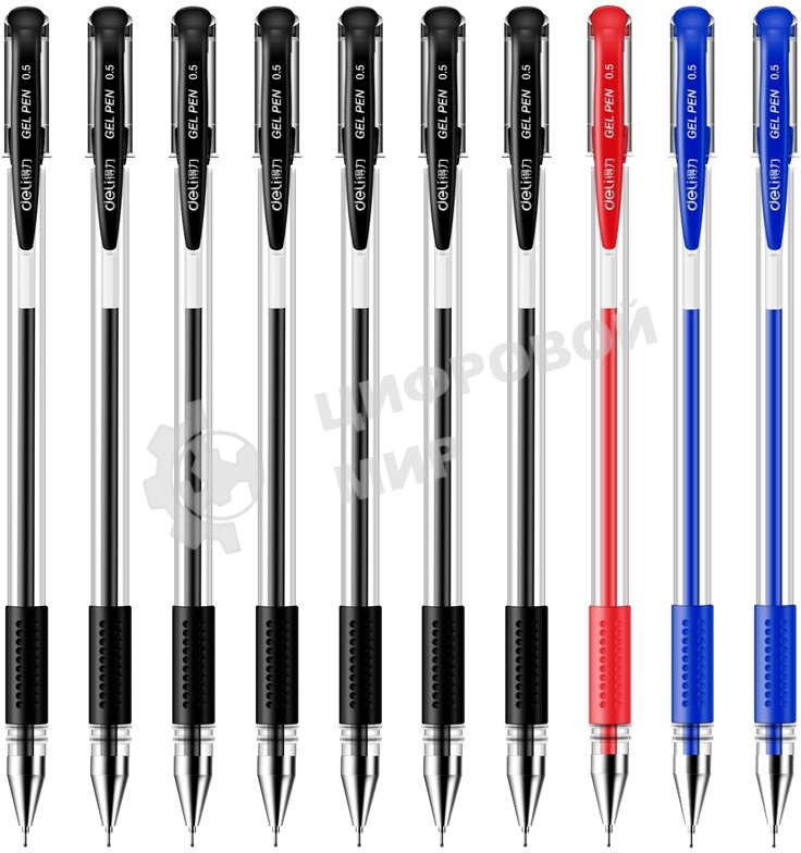 Набор ручек гелевых Deli 6610 прозрачный/ассорти, ассорти чернила, блистер (10шт), линия 0.5мм, резиновая манжета 10 ручек