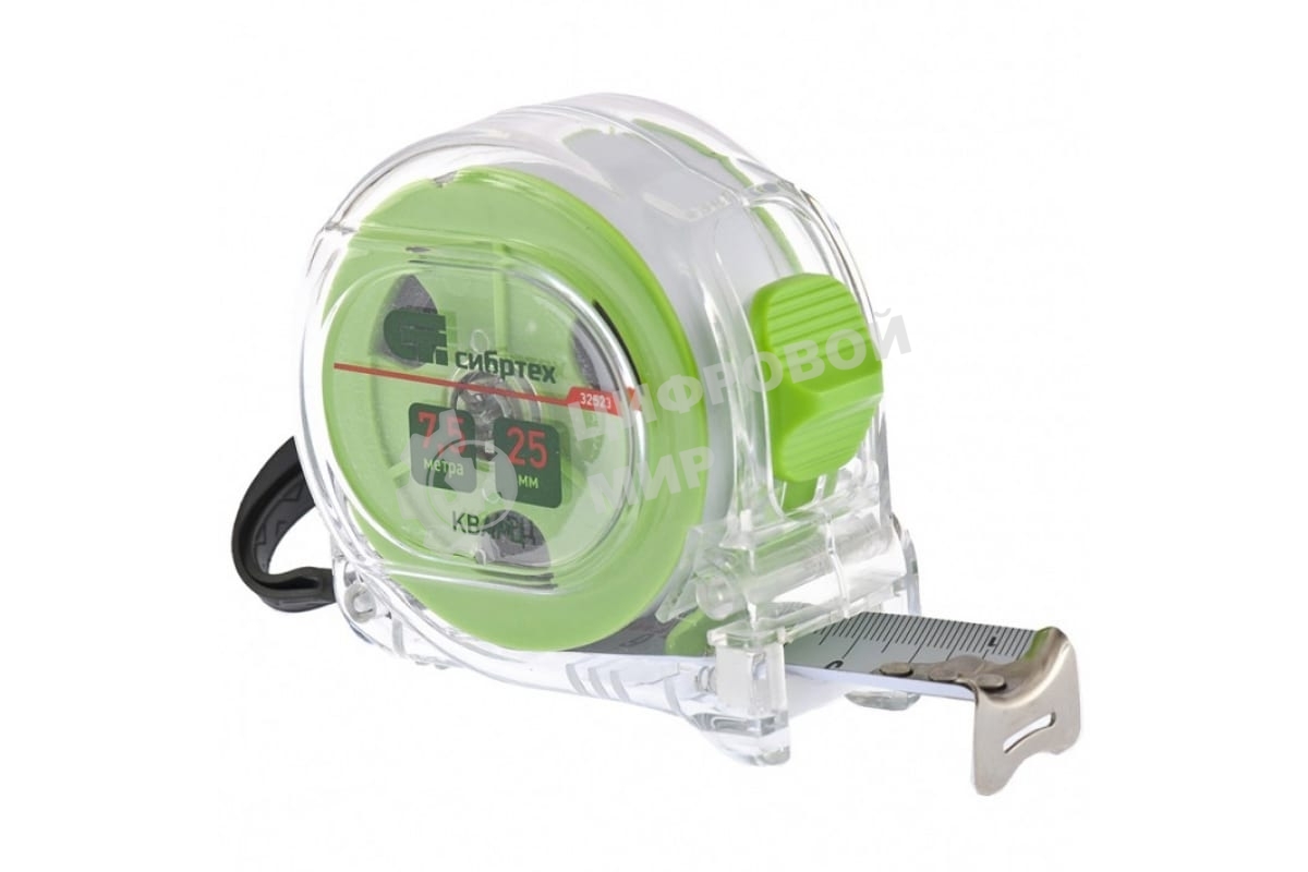 Рулетка Сибртех Кварц, прозрачный корпус, амортизатор, 7,5 м х 25 мм