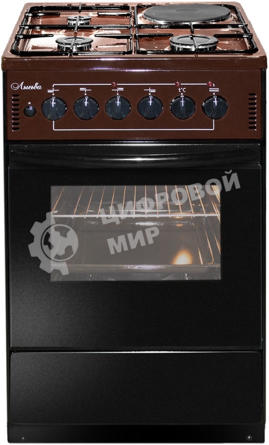 Плита комбинированная Лысьва ЭГ 1/3г01-2у коричневый, конфорок 4 шт (3 газовых + 1 электрическая), духовка 57 л, 50 см x 84 см x 60 см