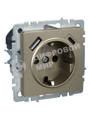 Розетка 1-местная IEK BRITE РЮш11-1-БрШ (BR-R14-16-U22-018-K37) с заземлением, с защитными шторками, 16А, с USB A+C 18 Вт, шампань