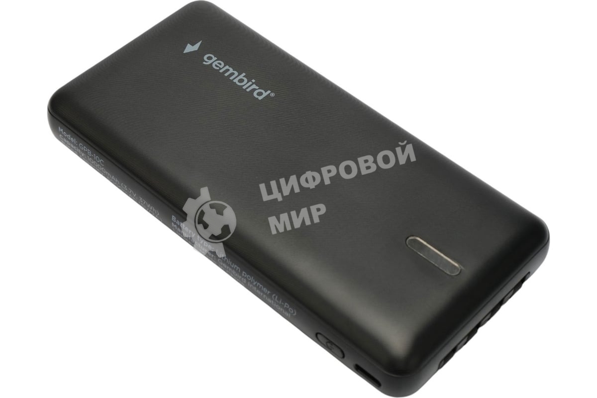 Портативный аккумулятор Gembird GPB-10C, 10000мА·ч, 2A, 4 встроенных кабеля, черный