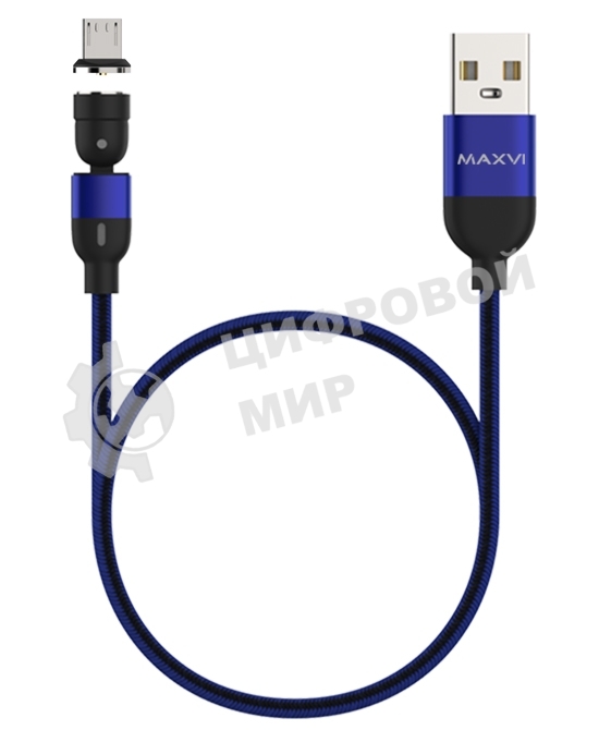 Кабель Maxvi MCm-02M blue, USB-A - MicroUSB, 2A, магнитный разъем, LED ток макс. нагрузки 2А, макс. напряжение 5V; стандарт USB 2.0; длина 1.5м, нейлоновая оплетка, съемный магнитный коннектор, LED подсветка, синий
