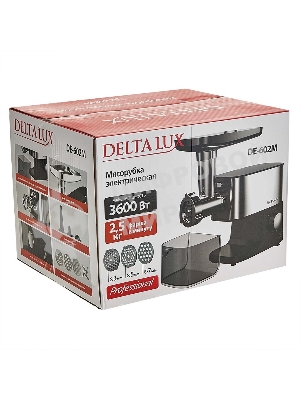 Мясорубка электрическая DELTA LUX DE-602M черный, 3600 Вт, 2.5 кг/мин, реверс, защита от перегрузки, насадки - 5
