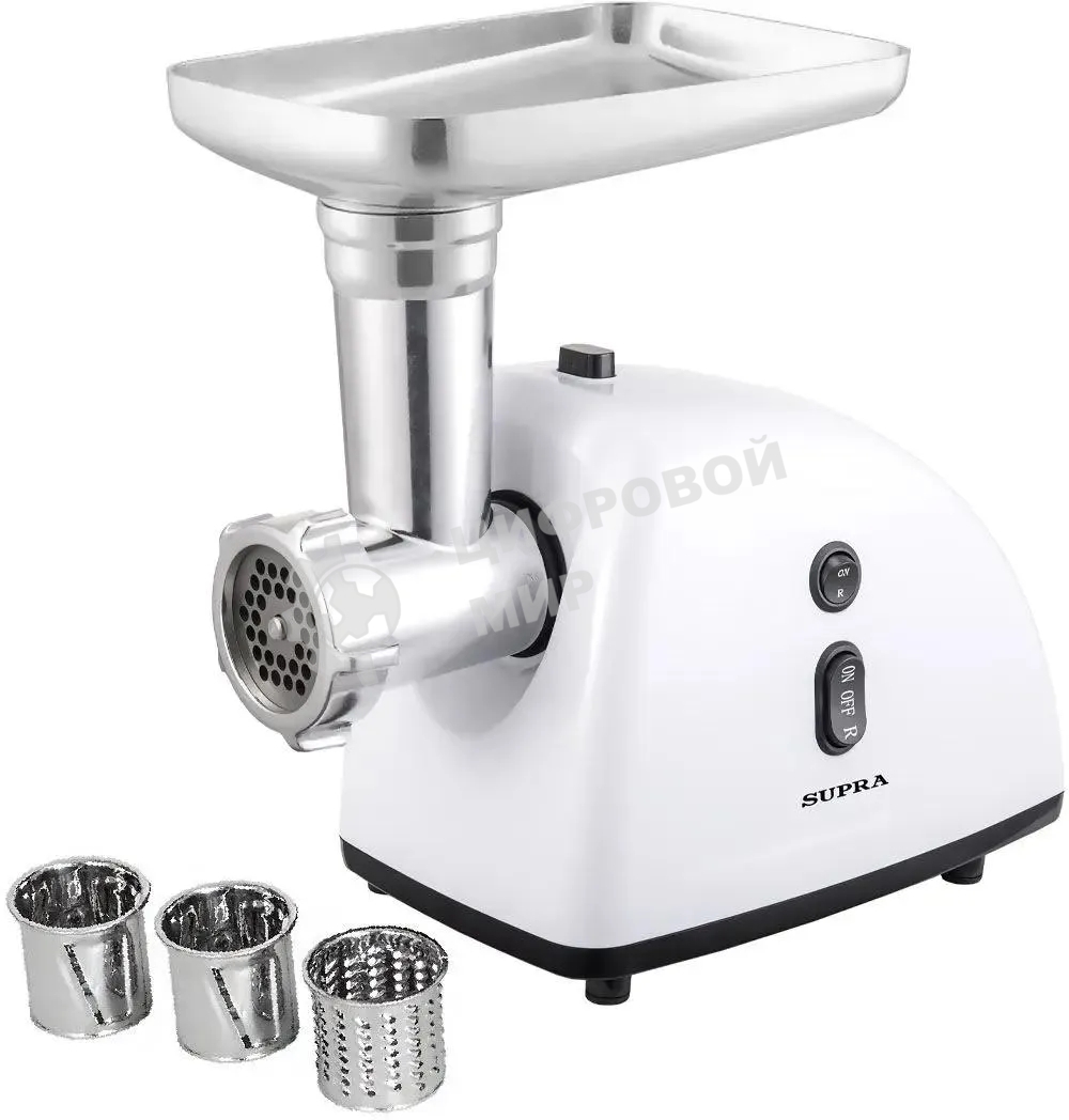 Мясорубка электрическая SUPRA MGS-1805T белый, 1800 Вт, 1.5 кг/мин, реверс, защита от перегрузки, металлический лоток, насадки - 5
