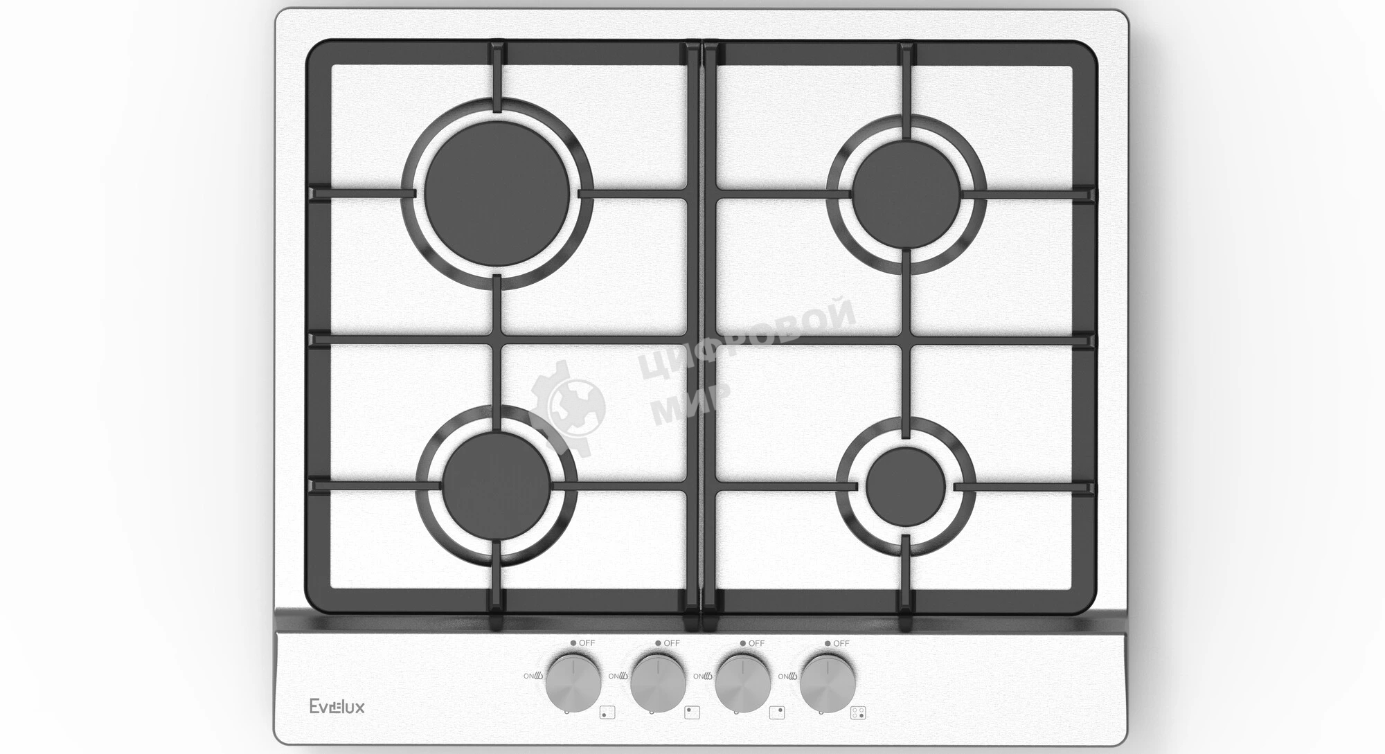 Газовая варочная панель Evelux HEG 633 X Hi-Tech, 60 см, 4 конфорки, чугунные решетки, газ-контроль, электроподжиг, механическое управление, нержавеющая сталь