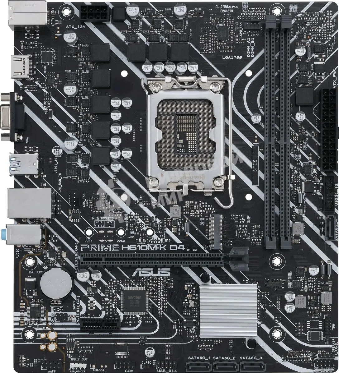 Материнская плата ASUS PRIME H610M-K D4, LGA 1700, Intel H610, 2xDDR4, 4xSATA, 1xM.2, 1xPCIe 4.0 x16, 1xPCI, 1xHDMI, 1xVGA, 1x 1Gb LAN, 2xUSB-A 2.0, 2xUSB-A 3.2 Gen 1, 3x3.5 мм, 7.1, mATX