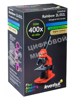 Микроскоп Levenhuk RAINBOW 2L AMETHYST/Аметист Микроскоп с предметным столиком, трехгнездным револьвером, фокусировочным механизмом, двумя источниками света с регулировкой яркости Монокулярная насадка Объективы: 4х, 10х, 40х, Увеличение микроскопа: 64-640x
