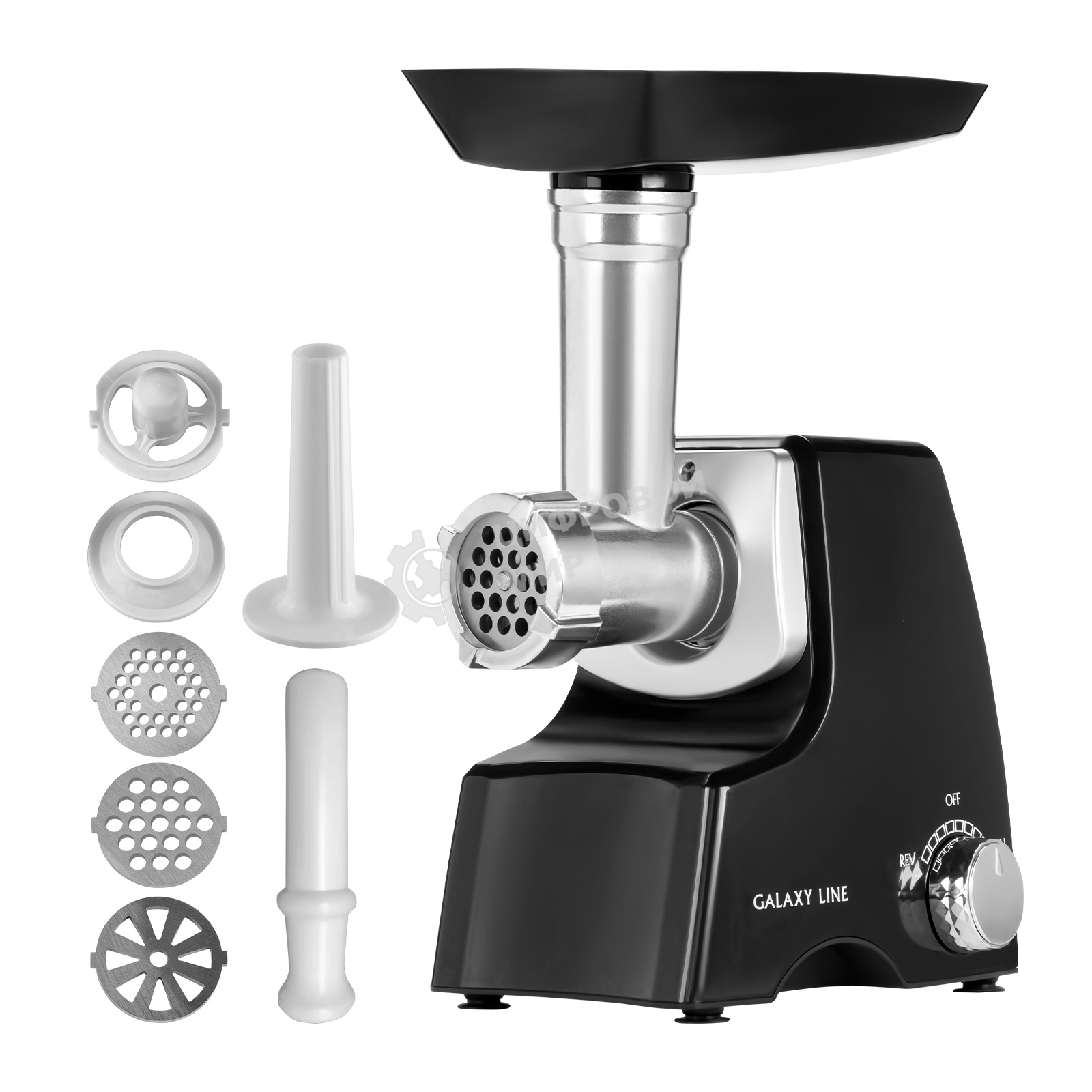 Мясорубка электрическая Galaxy Line GL2415 черный, 1500 Вт, 1.2 кг/мин, реверс, защита от перегрузки, насадки - 5