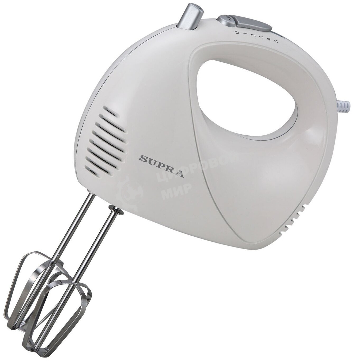 Миксер SUPRA MXS-527 500 Вт.Режим Турбо. 5 скоростей. Две насадки: для взбивания яиц и крема и для замеса тяжелого теста. белый.