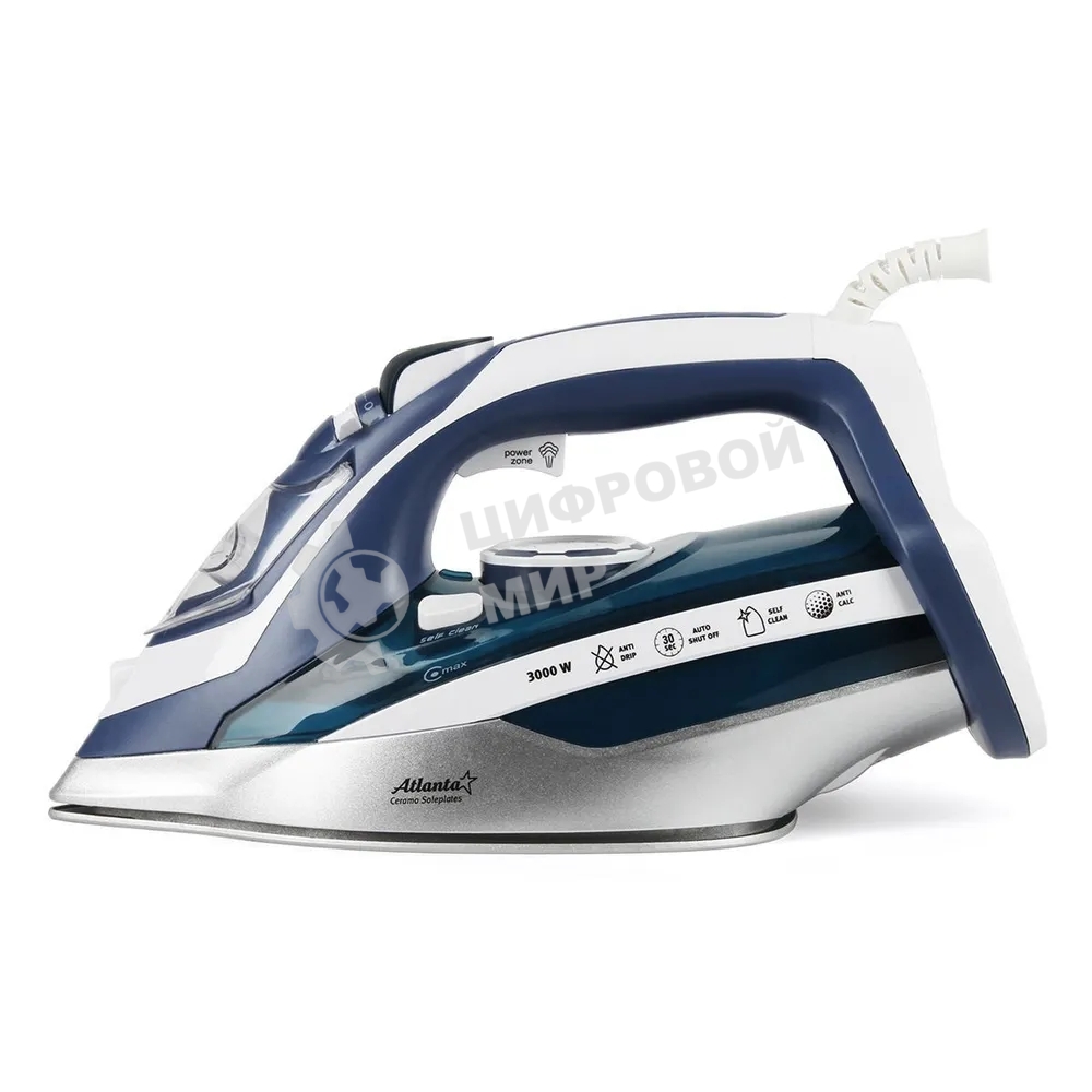 Утюг Atlanta ATH-5580 синий/белый, 3000 Вт, 37 г/мин, 95 г/мин, 350 мл