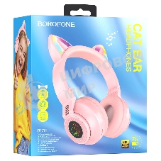 Беспроводные/проводные наушники Borofone BO18 Pink, накладные, Bluetooth + проводной, кошачьи ушки, до 12 ч
