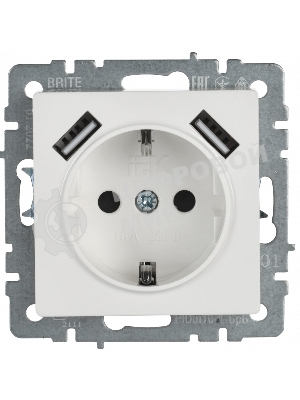 Розетка 1-местная IEK BRITE РЮш10-1-БрБ (BR-R14-16-U21-D21-K01) 16А, с USB A+A 2.1А, с заземлением с защитными шторками, белый
