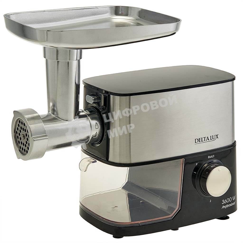 Мясорубка электрическая DELTA LUX DE-602M черный, 3600 Вт, 2.5 кг/мин, реверс, защита от перегрузки, насадки - 5