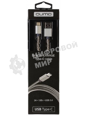 КабельQumo Type-С кабель, 1м, USB 3.0, 5В, 3А, 15Вт, металлическая оплетка, металлический коннектор, серебряный