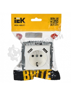 Розетка 1-местная IEK BRITE РЮш10-1-БрБ (BR-R14-16-U21-D21-K01) 16А, с USB A+A 2.1А, с заземлением с защитными шторками, белый