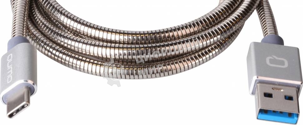 КабельQumo Type-С кабель, 1м, USB 3.0, 5В, 3А, 15Вт, металлическая оплетка, металлический коннектор, серебряный