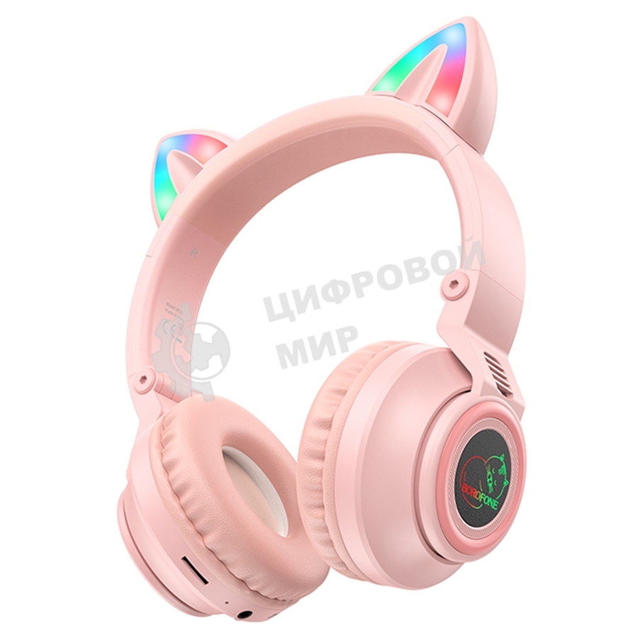 Беспроводные/проводные наушники Borofone BO18 Pink, накладные, Bluetooth + проводной, кошачьи ушки, до 12 ч