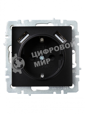 Розетка 1-местная IEK BRITE РЮш10-1-БрЧ (BR-R14-16-U21-D21-K02) 16А, с USB A+A 2.1А, с заземлением с защитными шторками, черный