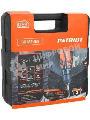 Дрель-шуруповерт Patriot BR 187UES, 18 В, 2 Ач, 25 Нм, щеточный
