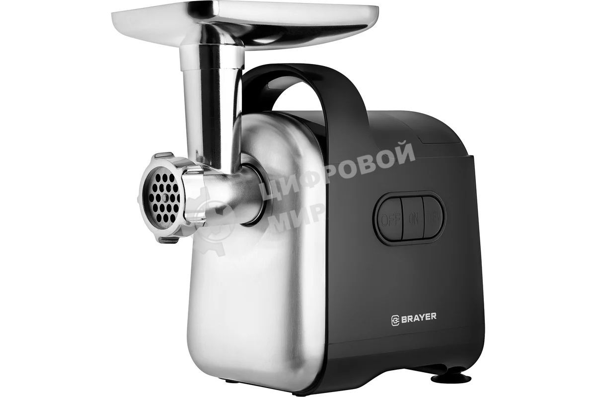 Мясорубка электрическая BRAYER 1602BR черный, 2000 Вт, 2.0 кг/мин, реверс, защита от перегрузки, металлический лоток, насадки - 5