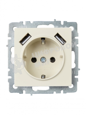 Розетка 1-местная IEK BRITE РЮш10-1-БрКр 16А, с USB A+A 2.1А, с заземлением с защитными шторками, бежевый
