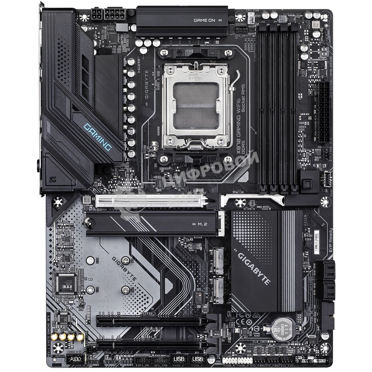 Материнская плата Gigabyte X870 GAMING WIFI6, AM5, AMD X870, 4xDDR5, 4xSATA, 3xM.2, 1xPCIe 5.0 x16, 2xPCIe 3.0 x1, 1xHDMI, 2xUSB-C (DisplayPort Alt Mode), 1x2.5Gb LAN, Wi-Fi 6, Bluetooth 5.3, 2xUSB-C 40Gbps, 1xUSB-A 10Gbps, 3xUSB-A 5Gbps, 4xUSB-A 2.0, 3x3.5 мм, 7.1, ATX
