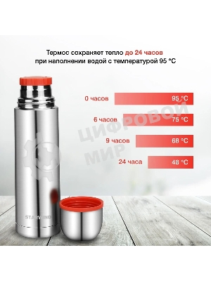 Термос для напитков Starwind 10-500 0.5 л, серебристый/красный, картонная коробка
