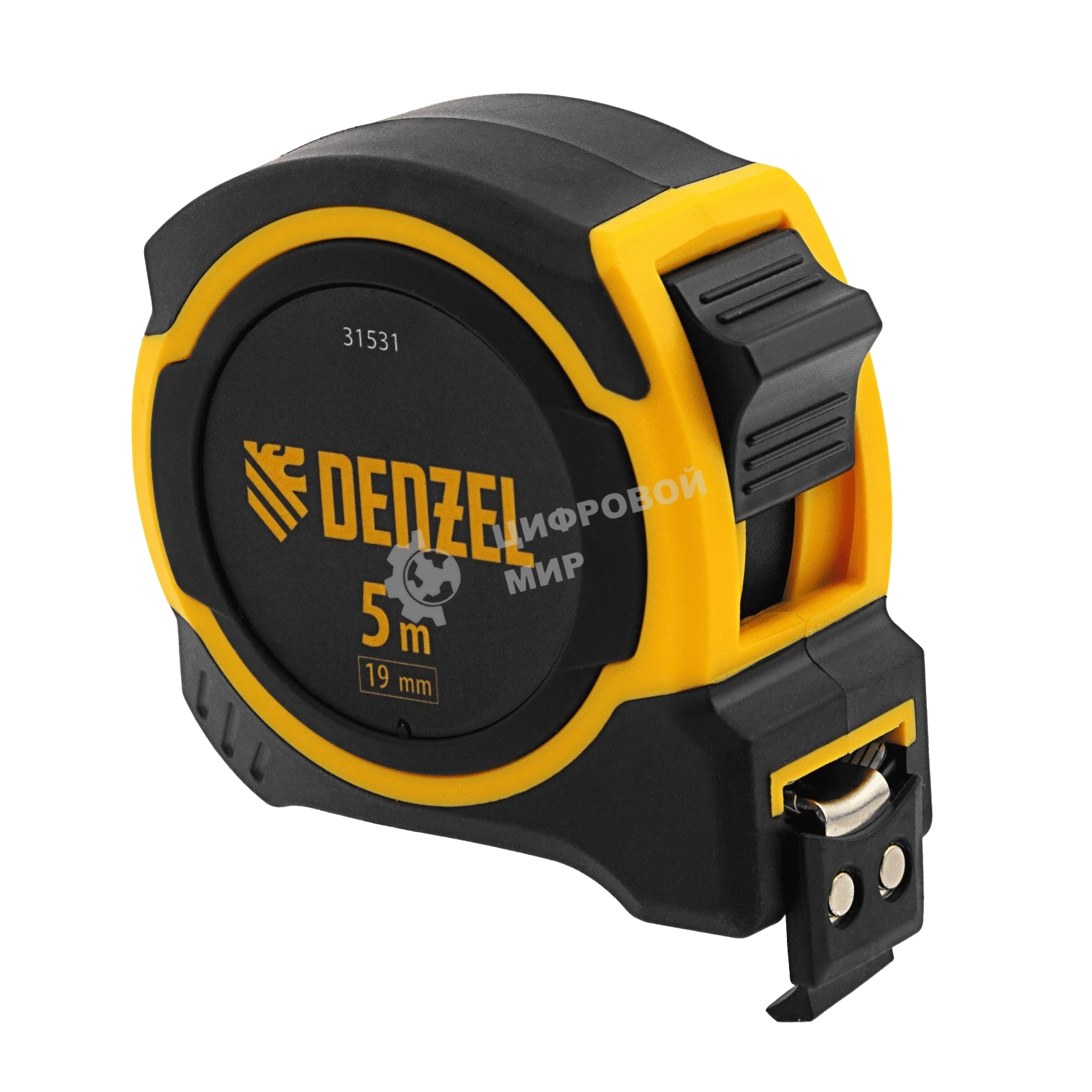 Рулетка Denzel 5м х 19мм, двухкомп. корпус, магнитный обрезиненный зацеп