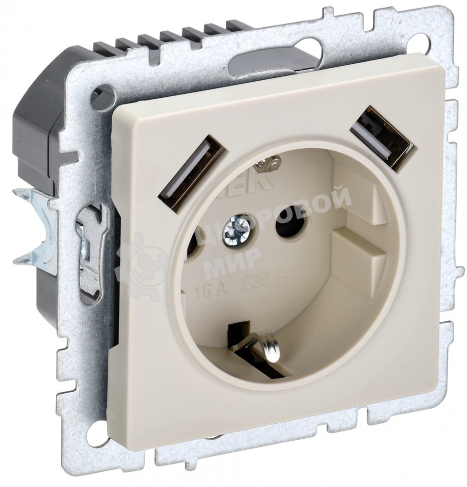 Розетка 1-местная IEK BRITE РЮш10-1-БрКр 16А, с USB A+A 2.1А, с заземлением с защитными шторками, бежевый