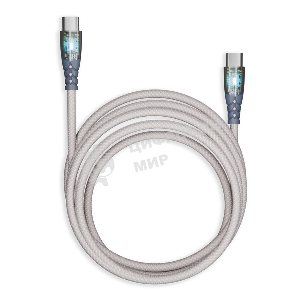 Кабель Smartbuy для зарядки и передачи данных, прозрачные наконечники TYPE C - TYPE C, 3А, нейл., серый, 1 м, IK-3112FCTRANSP-GRAY