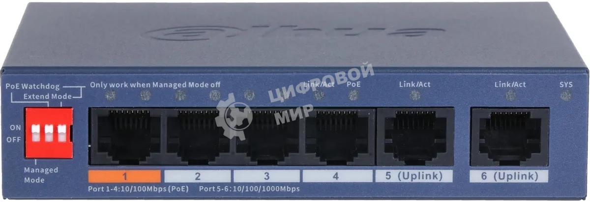 Коммутатор Dahua DH-CS4006-4ET2GT-60 4-портовый гигабитный PoE с функцией облачного управления, 4xRJ45 100Mb, 2xRJ45 1Gb uplink, суммарно 60Вт