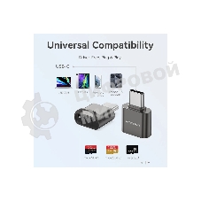 Кард-ридер Vention CLMH0/серый/OTG USB 2.0 CM/MicroSD/USB Type-C/металл