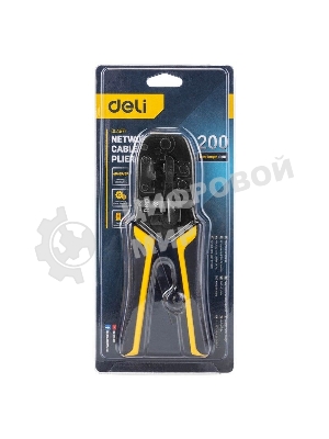 Обжимные клещи Deli DL4971 4P,6P,8P Размер: 200 мм. Спецификация обжима: 4P, 6P, 8P. Сталь A3 с черным покрытием. Ручка из ПВХ и ТПР. Храповой механизм. Подходит для витой пары UTP/STP и телефонных кабелей.