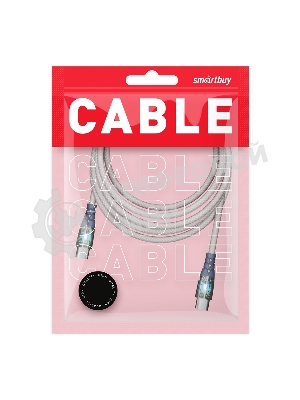 Кабель Smartbuy для зарядки и передачи данных, прозрачные наконечники TYPE C - TYPE C, 3А, нейл., серый, 1 м, IK-3112FCTRANSP-GRAY