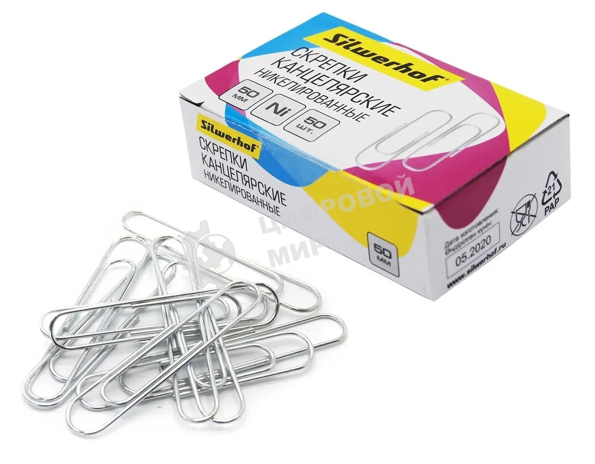 Скрепки Silwerhof никель 50мм (упаковка: 50шт) картонная коробка
