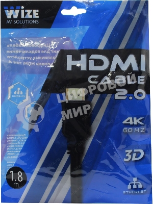 Кабель HDMI C-HM-HM-1.8M Wize, 1.8 м, v.2.0, 19M/19M, позол.разъемы, экран, черный, пакет