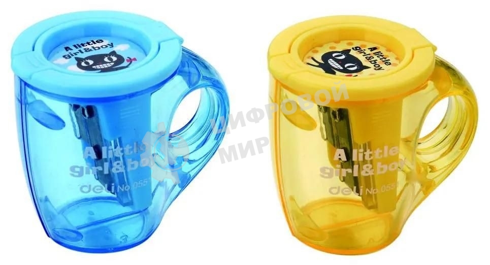 Точилка для карандашей ручная Deli Cup E0551, 2 отверстия, пластик, ассорти, дисплей
