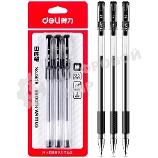 Набор ручек гелевых Deli 6619-BK прозрачный/черный, черные чернила, блистер (3шт), линия 0.5мм, резиновая манжета