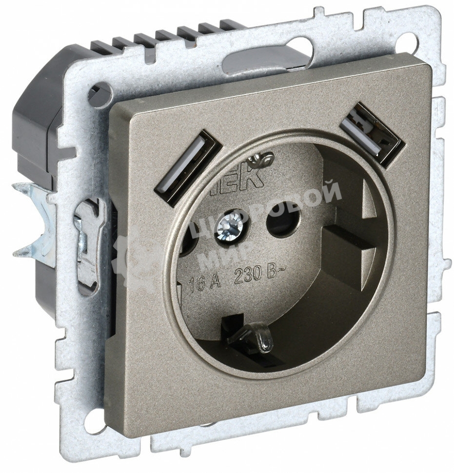 Розетка 1-местная IEK BRITE РЮш10-1-БрШ (BR-R14-16-U21-D21-K37) 16А, с USB A+A 2.1А, с заземлением, с защитными шторками, шампань