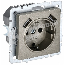 Розетка 1-местная IEK BRITE РЮш10-1-БрШ (BR-R14-16-U21-D21-K37) 16А, с USB A+A 2.1А, с заземлением, с защитными шторками, шампань