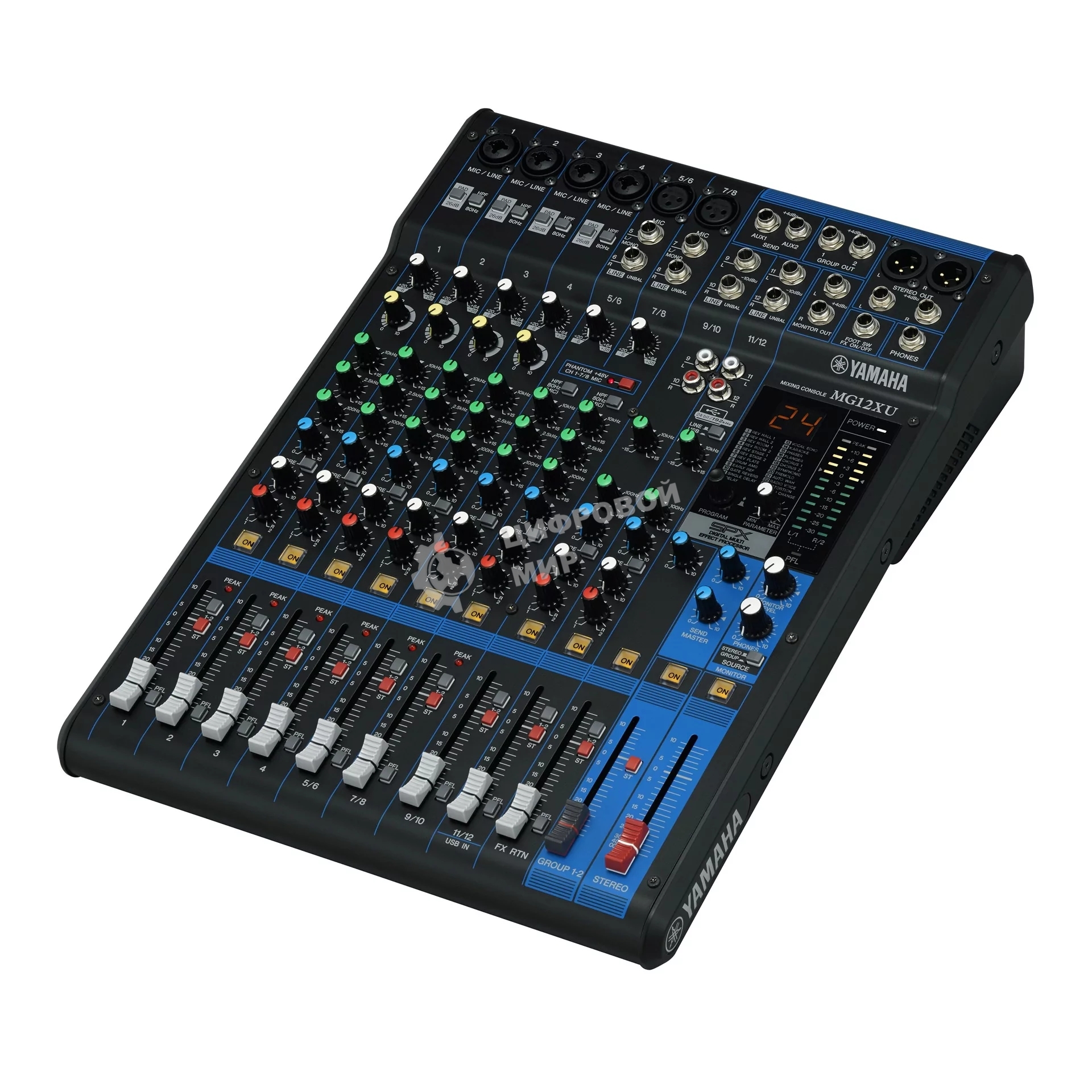 Пульт Yamaha [MG12XU] 12-канальный микшерный пульт: макс. 6 микрофонных/12 линейных входов (4 моно + 4 стерео)/2 групповые шины + 1 стереошина/2 шины AUX, Микрофонные предусилители D-PRE, Фантомное питание +48 В, эффекты: SPX с 24 программами, Ин