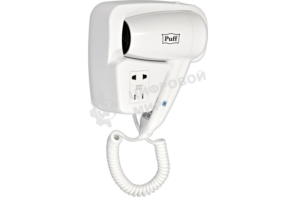 Фен Puff-1200B белый, 1200 Вт, с доп. розеткой