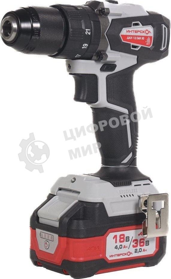 Дрель-шуруповерт ИНТЕРСКОЛ DAU-13/36V 50, 36 В, 2 Ач, 50 Нм, бесщеточный, ударный