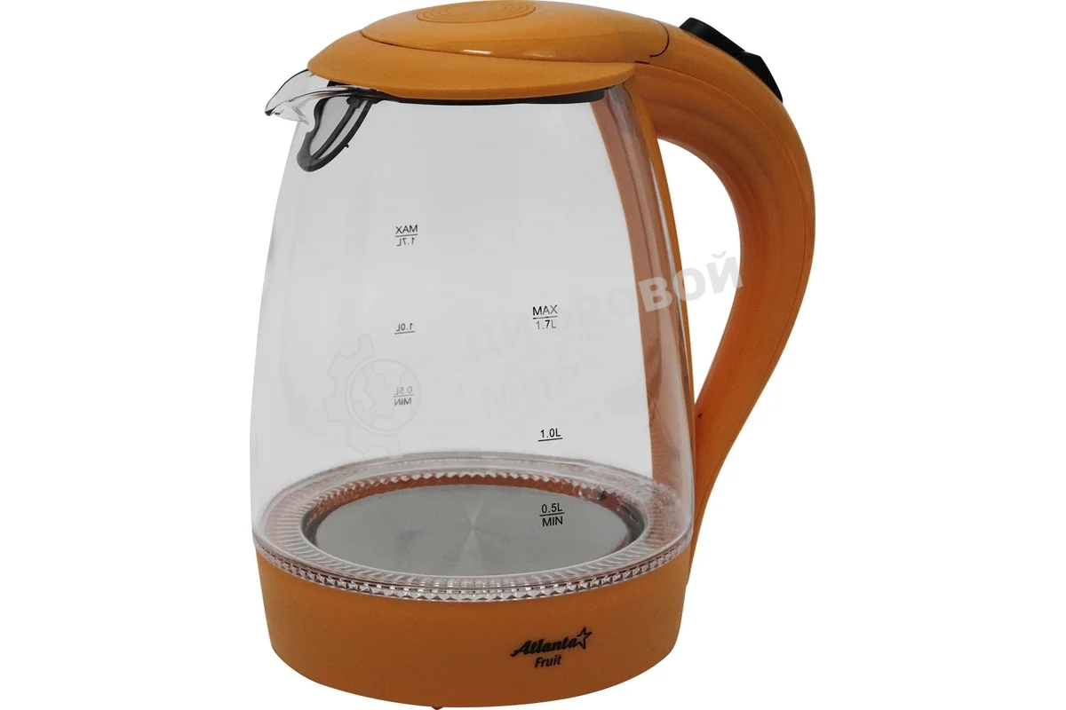 Чайник электрический ATLANTA ATH-2461 оранжевый, стекло, 1,7 л, 2000 Вт, иллюминация