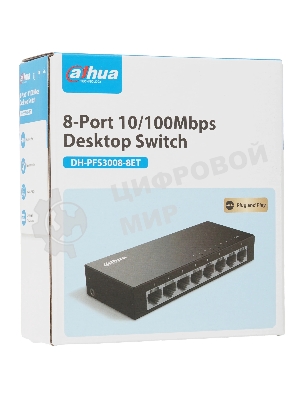 Коммутатор 8-в-1 Dahua DH-PFS3008-8ET/8 портов до 100 Мбит.с/коммутация до 1.6 Gbит.с/неуправляемый/Plug & Play/черный (DH-PFS3008-8ET)