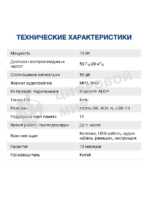 Колонка портативная Hyundai H-PAC220 черный/голубой 10W 1.0 BT/3.5Jack/USB